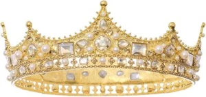 FORSEVEN König Krone für Männer Kristall Perlen Hochzeit Diadem Geburtstag Party Gold - Bild 1 von 6