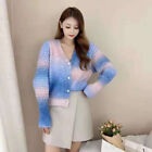 Lady Sweater Knitted Coat Cardigan Jumper Casual V-Neck Rainbow Gradient Tops