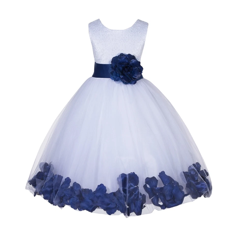 White Wedding Pageant Floral Lace Rose Petal Tulle Flower Girl Dress Recital 165 - Image 1 of 1