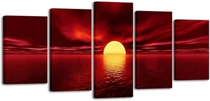 Wieco Art Red Sun Canvas Prints Wall Art Ocean Sea Beach Pictures Paintings Read - Picture 1 of 12