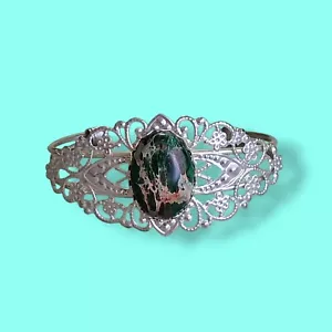 Filigree Silver Plate Dyed Sea Sediment Jasper Wide Cuff Bracelet 7.5in - Picture 1 of 8