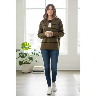 NWT Banana Republic Women M Olive/Black Stripe Crew Yak Merino Dolman - Image 1 of 4