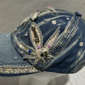 Denim Baseball Hat Womens One Size Blue bedazzeled Cotton Rhinestones Beads Boho - Picture 1 of 8