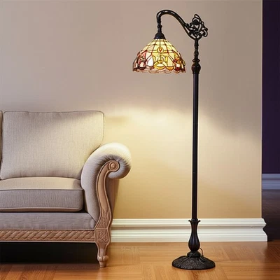 Abajur de assoalho arqueado de metal marrom 62" com vitral de flores âmbar e vermelhas - Imagem 1 de 4