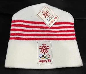 Vtg Calgary Olympics Hat Pom Beanie 1988 Games Logo Toque Knit Striped 80s Cap - Picture 1 of 12