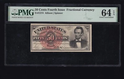 US 50c Fractional Currency Note w/Seal Plate # 4 @ Top FR 1374 PMG 64 EPQ (005) - Image 1 of 2