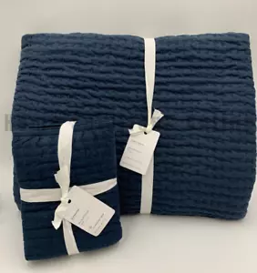 Pottery Barn Pick Stitch Cotton Quilt Twin / XL 1 Sham Stnd Midnight Blue #9967B - Picture 1 of 6
