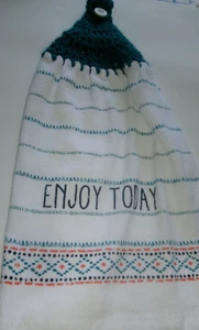 TEAL Yarn Crocheted Top ENJOY TODAY Print Cotton Kitchen Towel - Picture 1 of 1