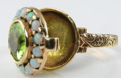 PILLBOX 9K 9K GOLD  PERIDOT OPAL POISON LOCKET ART DECO INS RING FREE RESIZE - Image 1 of 4