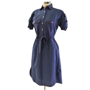 70s Blue Denim Topstitched Shirt Waist Dress Red Size M/L - Picture 1 of 7
