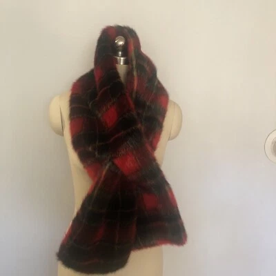 Talbots Faux Fur Red Plaid Pull Thru Scarf OS NWT - Image 1 of 4