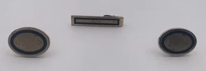 Gold-tone art deco oval bullet back cufflinks and tie bar set - Picture 1 of 6