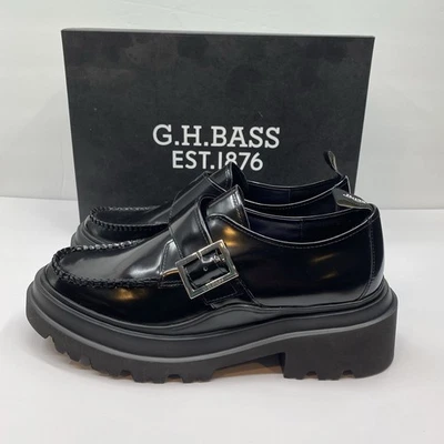 GH Bass Shoes Women's 10 Derby Platform Loafers Black Leather Lug Sole NEW $275 - Image 1 of 4