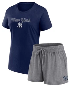 Women's Fanatics Branded Navy/Gray New York Yankees Script T-Shirt & ShortsSmall - Picture 1 of 7