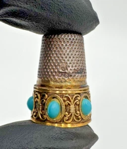 Antique 925 Sterling Silver Thimble Turquoise Stones Size 3 Mark Gold Plated - Picture 1 of 7