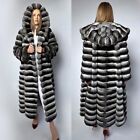 Women Chinchilla 120cm Long Warm Real Rex Rabbit Fur Coat Hooded Thick Overcoat
