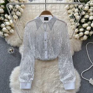 Women Lapel Collar See Through Mesh Shirt Elegant Sequin Tassel Long Sleeve Tops - Picture 1 of 29