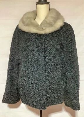 DE COLECCIÓN EVANS Cordero Persa Negro Rizado Oveja Chaqueta Corta Abrigo con Cuello de Piel Foto 1 de 4