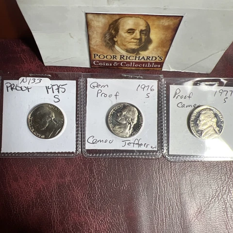 3 Different Jefferson Proof Nickels. As Pictured. 1975, 76, 77S. N133 Cover
