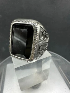 Mens black ring jet square silver signet pinky stainless steel chunky Size R 9 - Picture 1 of 7