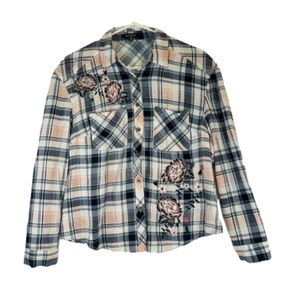 Hype Floral Embroidered Plaid Button Down Shirt Women Blue White Peach Medium - Picture 1 of 12