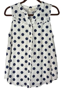 Ember Sleeveless White Navy Blue Polka Dot Button Top Size Medium - Picture 1 of 7