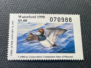 1990 Missouri State MO12 Redhead Duck Migratory Waterfowl Stamp MNHOG - Bild 1 von 2