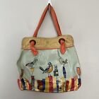 Fossil Canvas Tan Coral Teal Floral Large Leather Accent Hobo Purse Bag Vintage