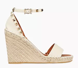 Valentino Rockstud Ivory Ankle Strap Espadrille Platform Wedge Sandal Heel 40 - Picture 1 of 14