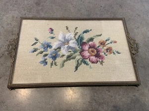 Antique Vanity Tray French Bow Handles Footed Floral Needlepoint Stunning - Picture 1 of 10