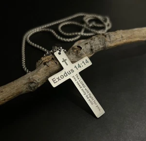 Stainless Steel Cross Necklace with Exodus 14:14 Verse - Christian Jewelry Gift. - Picture 1 of 9