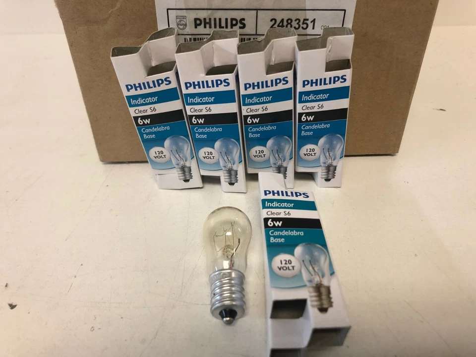 ¡JUEGO DE 5 NUEVOS! PHILIPS 6W LÁMPARAS INDICADORAS 6S6 120/130V BASE CANDELABRO 248351 Foto 1 de 1