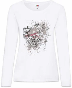 Pirate Captain Skull And Nautical Wheel Damen Langarm T-Shirt Sailor Pirates - Picture 1 of 1