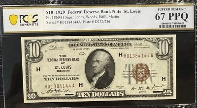 1929 $10 St Louis Missouri  PCGS 67 PPQ Superb Gem Uncirculated Bank Note - Image 1 of 3