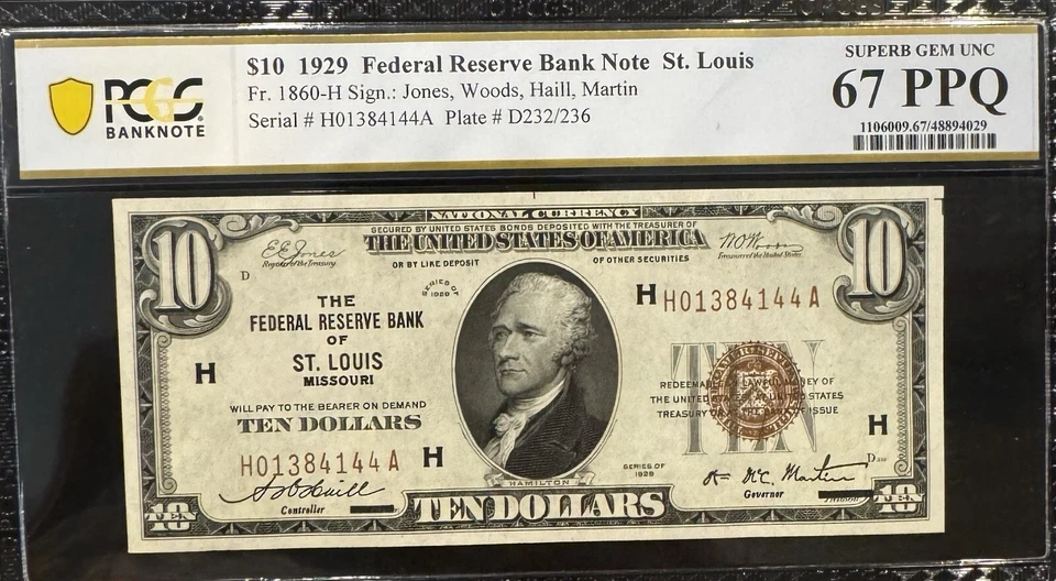 1929 $10 St Louis Missouri  PCGS 67 PPQ Superb Gem Uncirculated Bank Note - Image 1 of 3