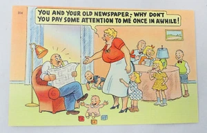 Humorous Cartoon Postcard Man Reading Newspaper Wife Complaining Asheville USA - Picture 1 of 2
