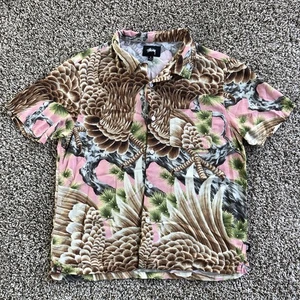 Stussy Camp Shirt Mens Size Medium Pink Hawk Falcon Print Loop Collar 100% Rayon - Picture 1 of 10