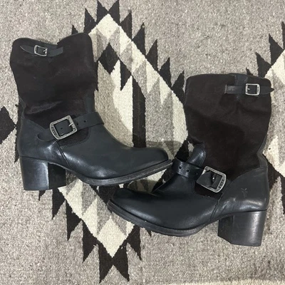 Frye Vera 短黑色靴子扣毛皮 8.5 B 码女式 — 第 1/4 张图片