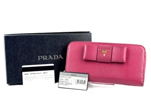PRADA Round Zipper Long Wallet Saffiano Ribbon Leather Pink Purse Authentic - Picture 1 of 19