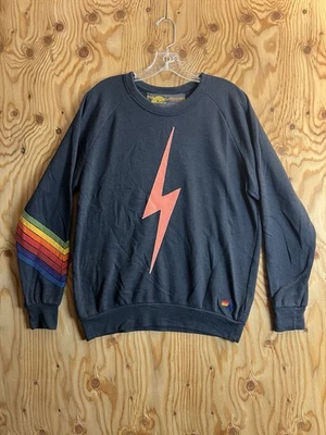 Aviator Nation Sweatshirt Womens M Navy Rainbow Stripe Thunderbolt Bolt Crew - Image 1 of 4