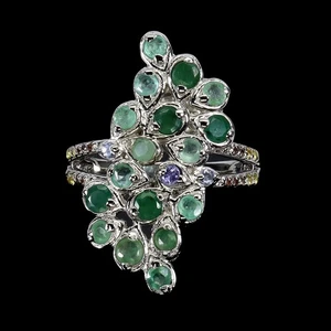 925 Sterling Silver Ring Round Emerald Sapphire Tanzanite Gemstone Jewelry - Picture 1 of 14