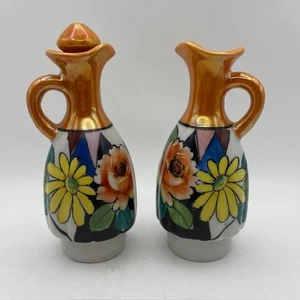 Vintage Lusterware Japan Cruet Set Hand Painted Floral Art Deco Style Orange - Picture 1 of 8