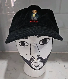 Vintage Polo Sport Ralph Lauren Bear Black Corduroy Cap Hat Leather Strap Yacht - Picture 1 of 6