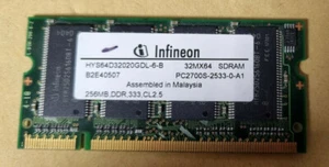 256MB DDR1 Infineon HYS64D32020GDL-6-B Laptop RAM PC-2700 333MHz CL2.5 SO-DIMM - Picture 1 of 1