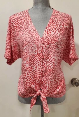 Aqua Bloomingdales Exclusive Medium Leopard Twist Front Red Pink Shirt Blouse - Изображение 1 из 4