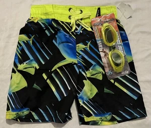 Zero Xposur Boys Board Shorts Sharks Swim Trunks Sz Small 4 & Goggles NWT - Picture 1 of 4