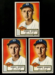 1952 Topps~#136~Johnny Schmitz~tres (3) variaciones de impresión~Brooklyn Dodgers - Imagen 1 de 2