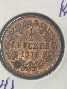 1870 German States Baden 1/2 Kreuzer Key Date Old Copper UNC RED DETAILS - Picture 1 of 6