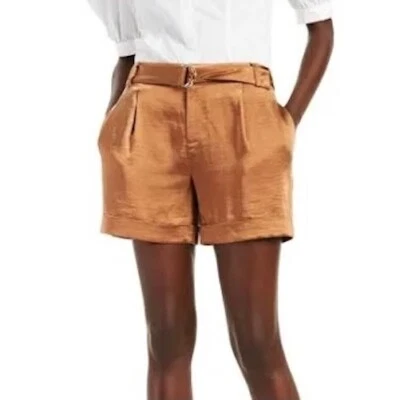 Nuevo INC Brillante Satén Cinturón Cintura Puños Dobladillo Pantalones Cortos Cálido Marrón Castaño Talla 14 Foto 1 de 4