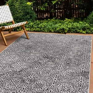 Rugshop Outdoor Carpet Rug Modern Flowers Weather Resistant Reversible Gray Rugs - Picture 1 of 10